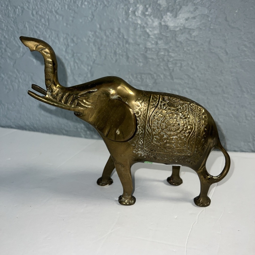 Brass Elephant Statue Ornate Textured Design Figurine Home Decor-Vintage